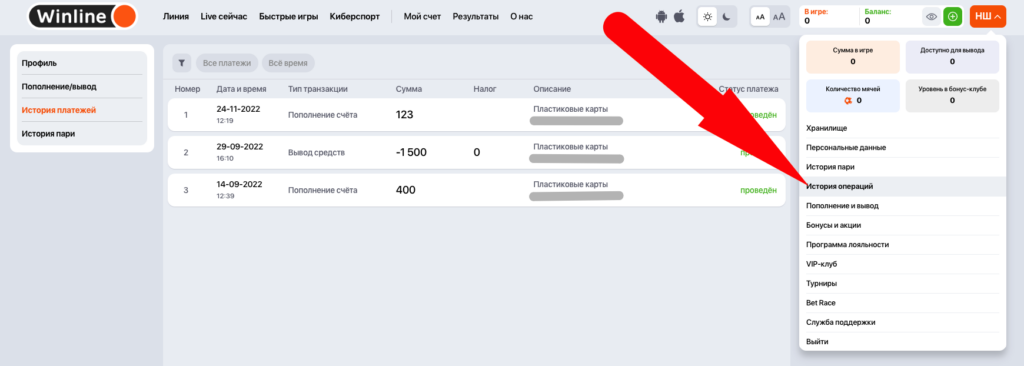История операций в личном кабинете Винлайн
