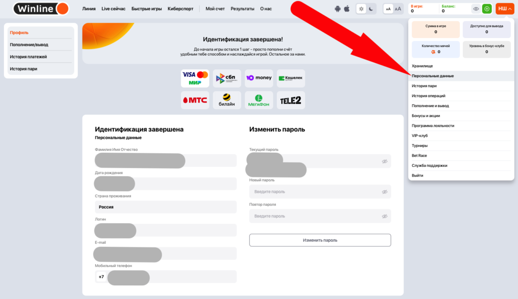 Персональные данные в ЛК Винлайн